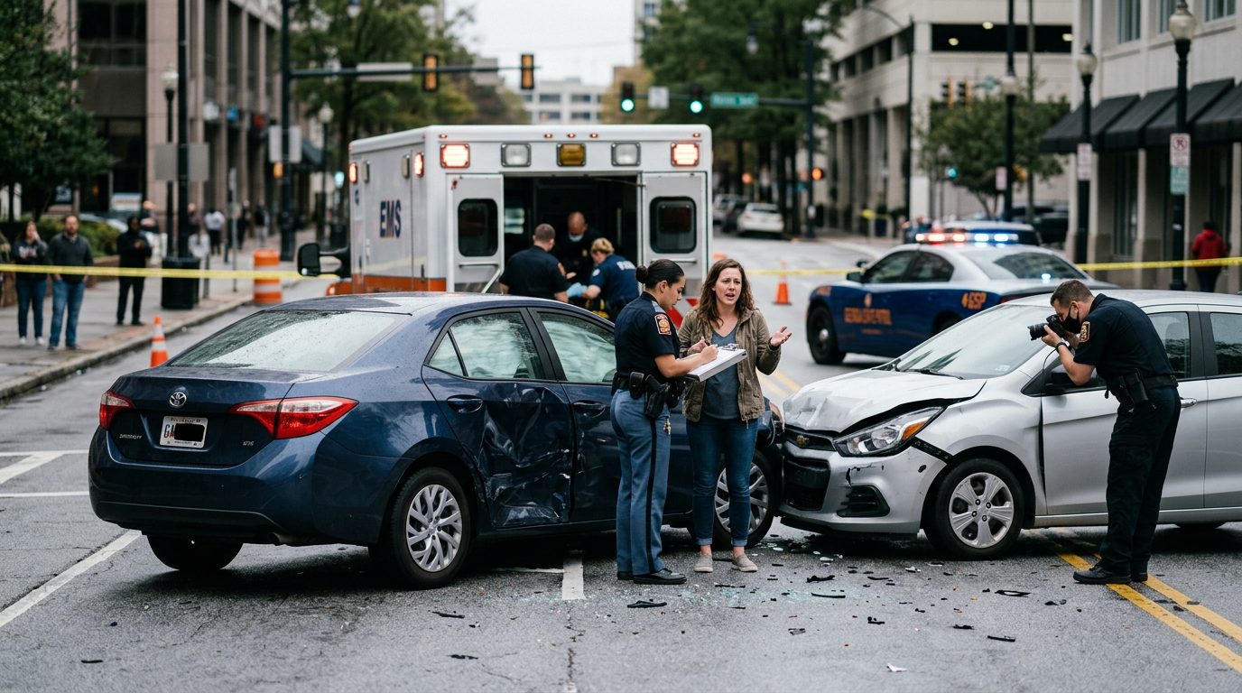Traffic accident scene with vehicle damage and emergency responders on city street.