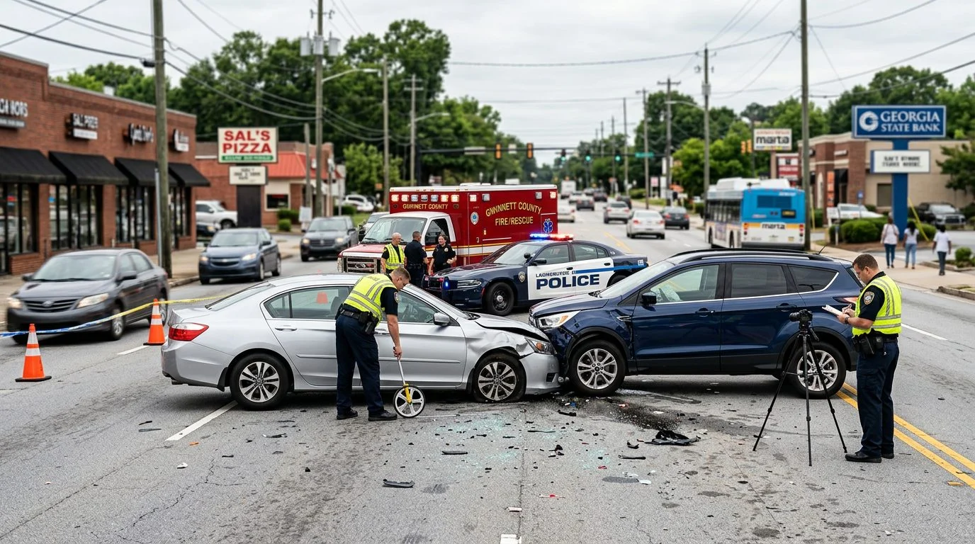Traffic accident scene with vehicle damage and emergency responders on city street.