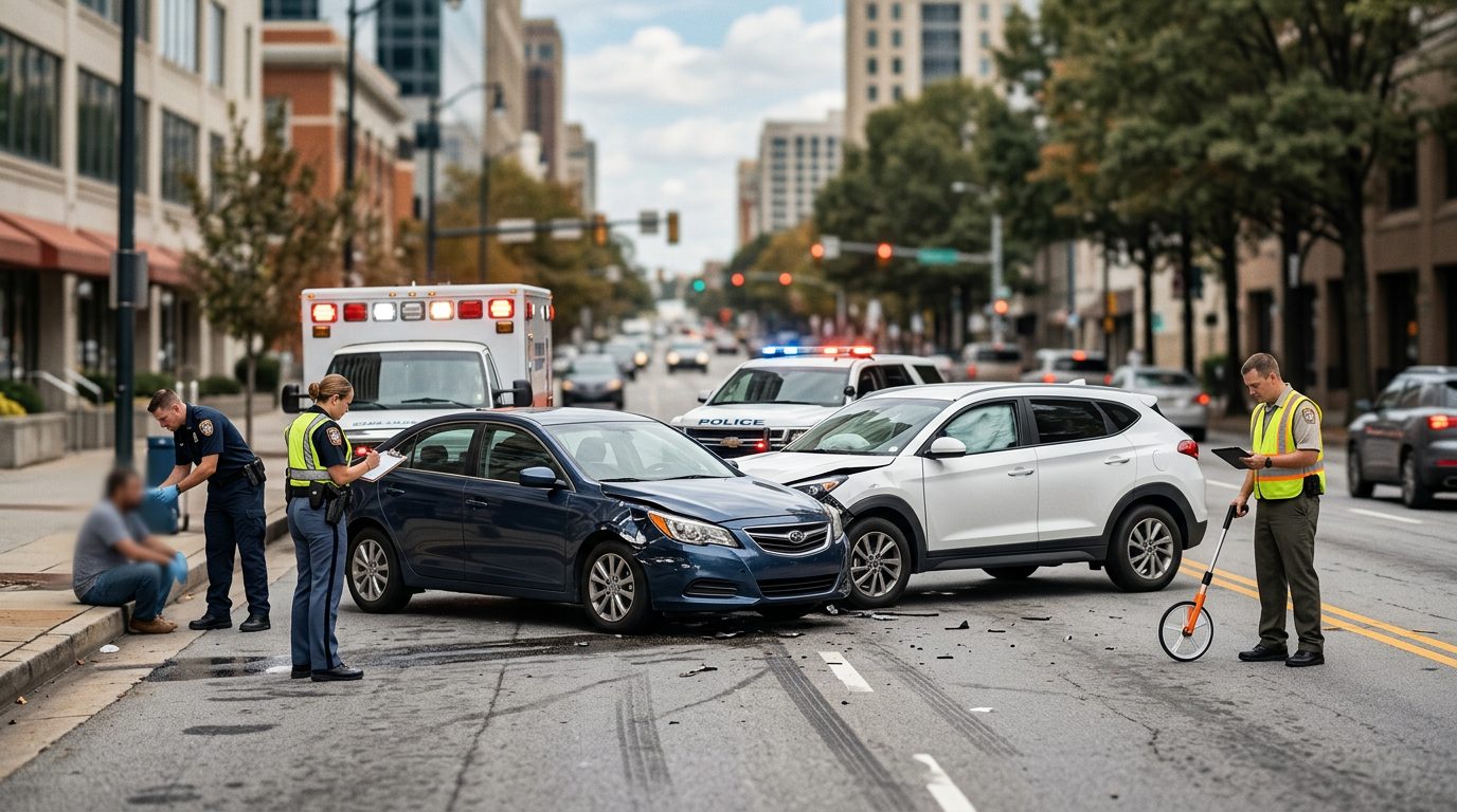Traffic accident scene with vehicle damage, emergency vehicles, and investigators on city street.