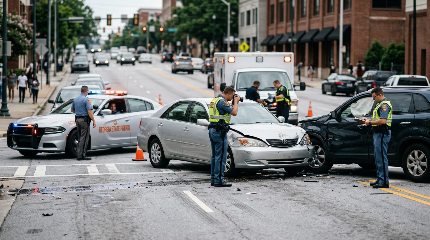 Traffic accident scene with vehicle damage, emergency vehicles, and investigators on city street.
