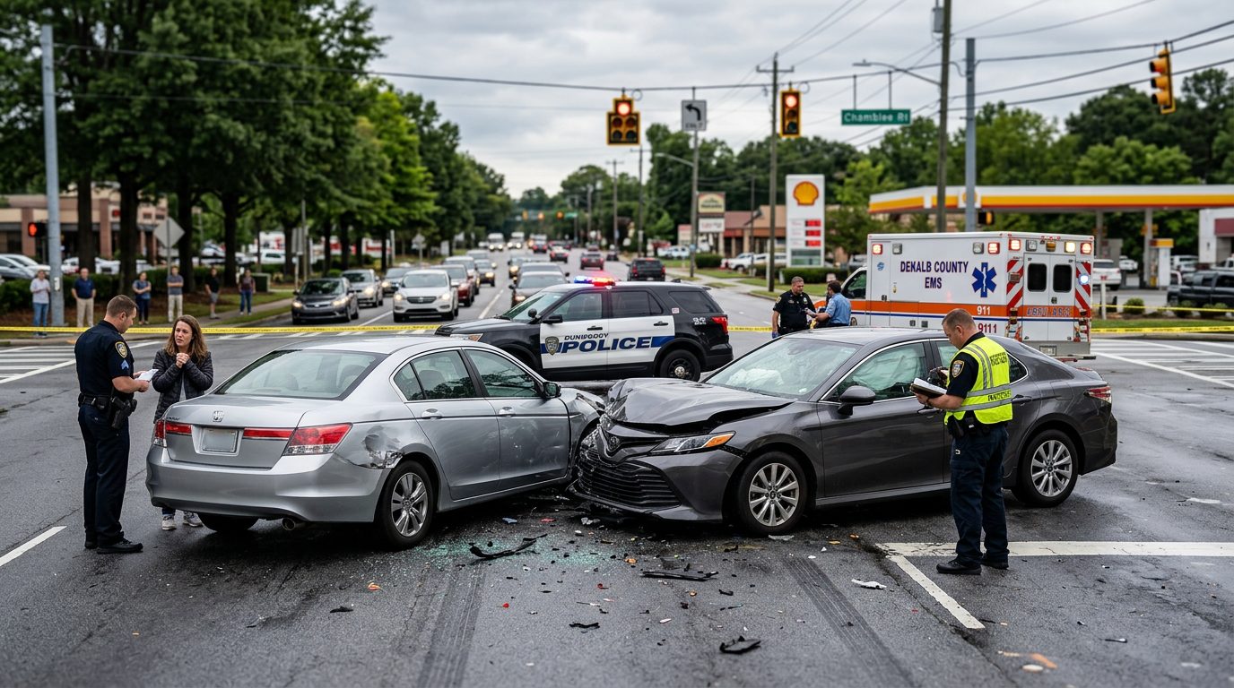 Traffic accident scene with vehicle damage, emergency vehicles, and investigators on city street.