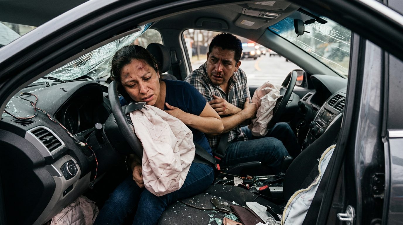 Vehículo dañado con airbags desplegados después de colisión.