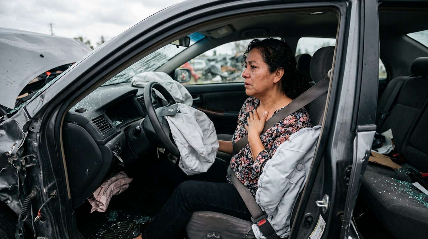 Vehículo dañado tras colisión con airbags desplegados y deformación estructural.