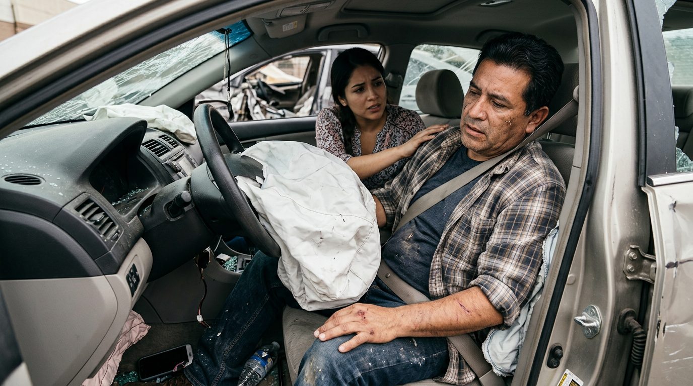 Vehículo sedan dañado tras colisión con airbags desplegados y deformación estructural.