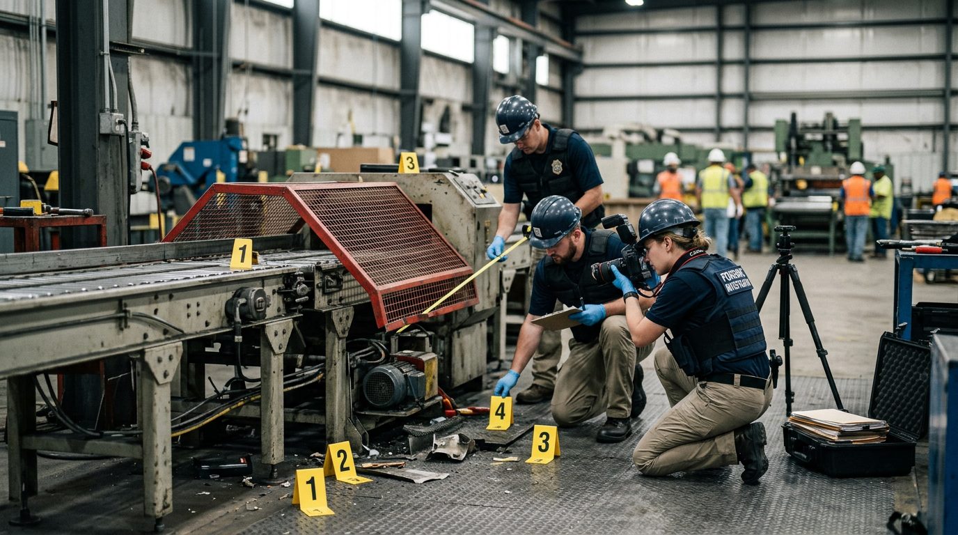 Workplace accident investigation with evidence markers and safety equipment documentation.
