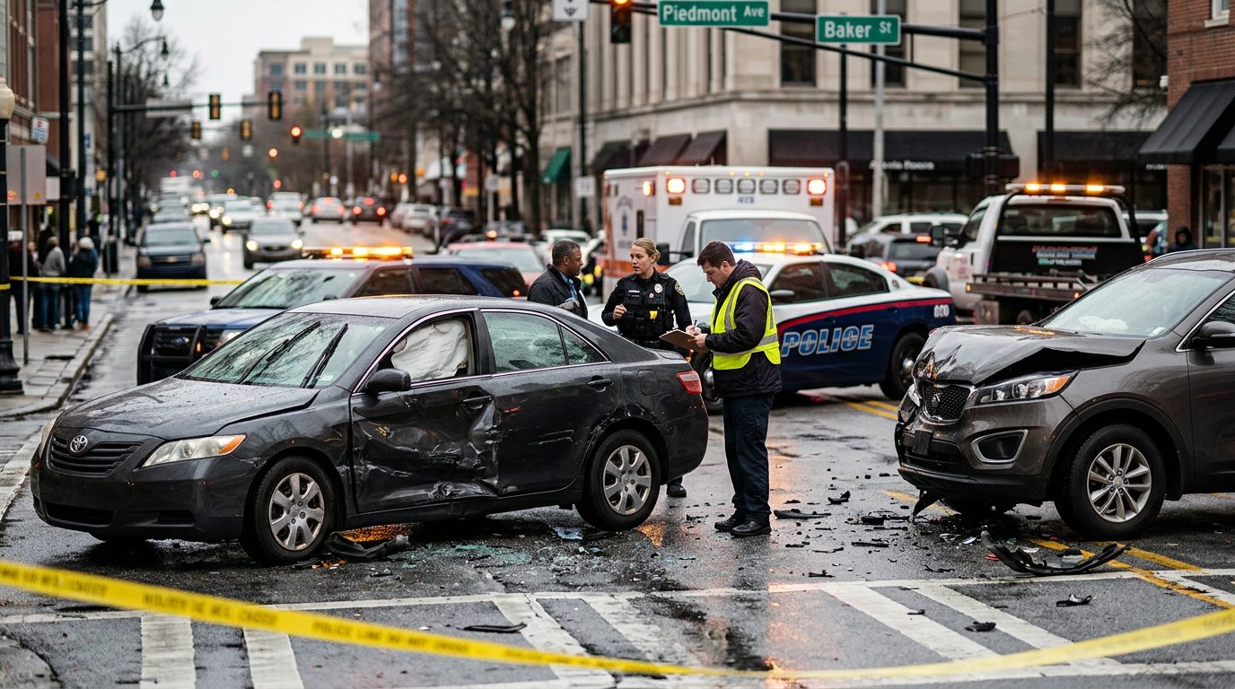 A city street scene with damaged vehicles, emergency vehicles, and investigators documenting a traffic accident.