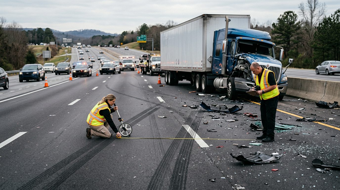 Un camión comercial accidentado en una autopista, con investigadores midiendo marcas de frenado y documentando escombros.