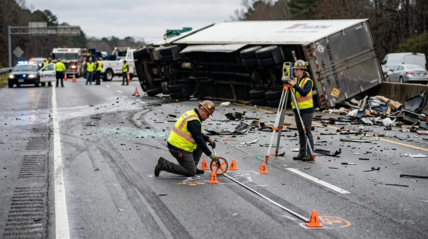 A commercial truck accident scene on a multi-lane highway, with debris, skid marks, and specialists measuring the collision site.