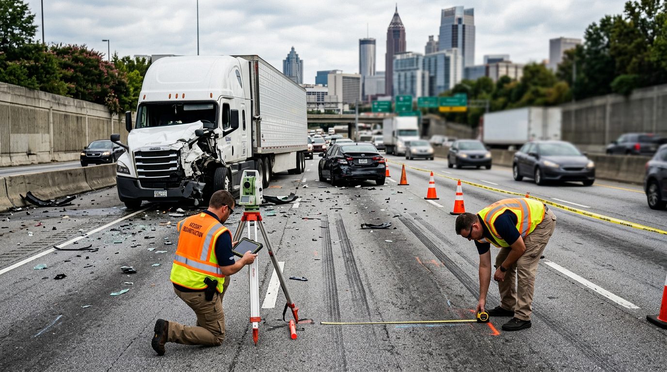 A commercial truck and debris on a multi-lane highway, with investigators measuring and documenting the crash site.