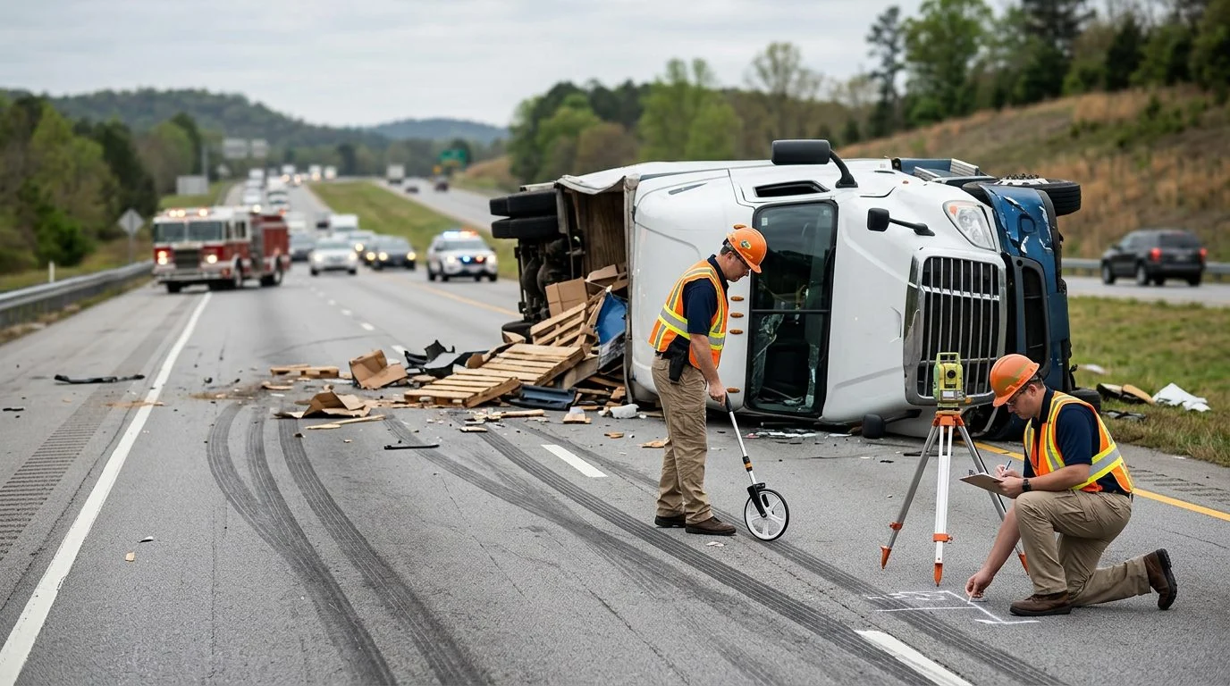A commercial truck and debris on a multi-lane highway, with investigators measuring and documenting the crash scene.