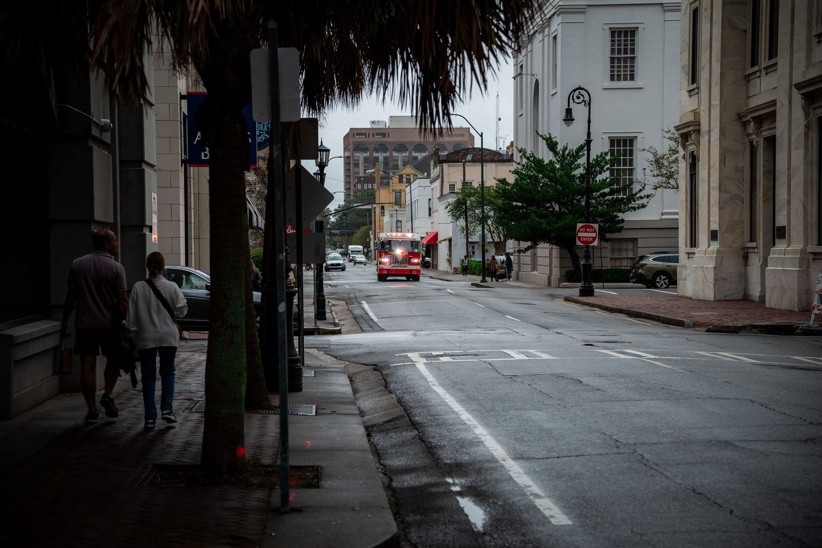 A fire truck responds to an emergency on a street in Savannah, Georgia.