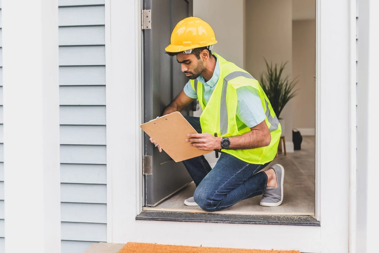 A home inspector in safety gear examines a house interior for safety compliance.