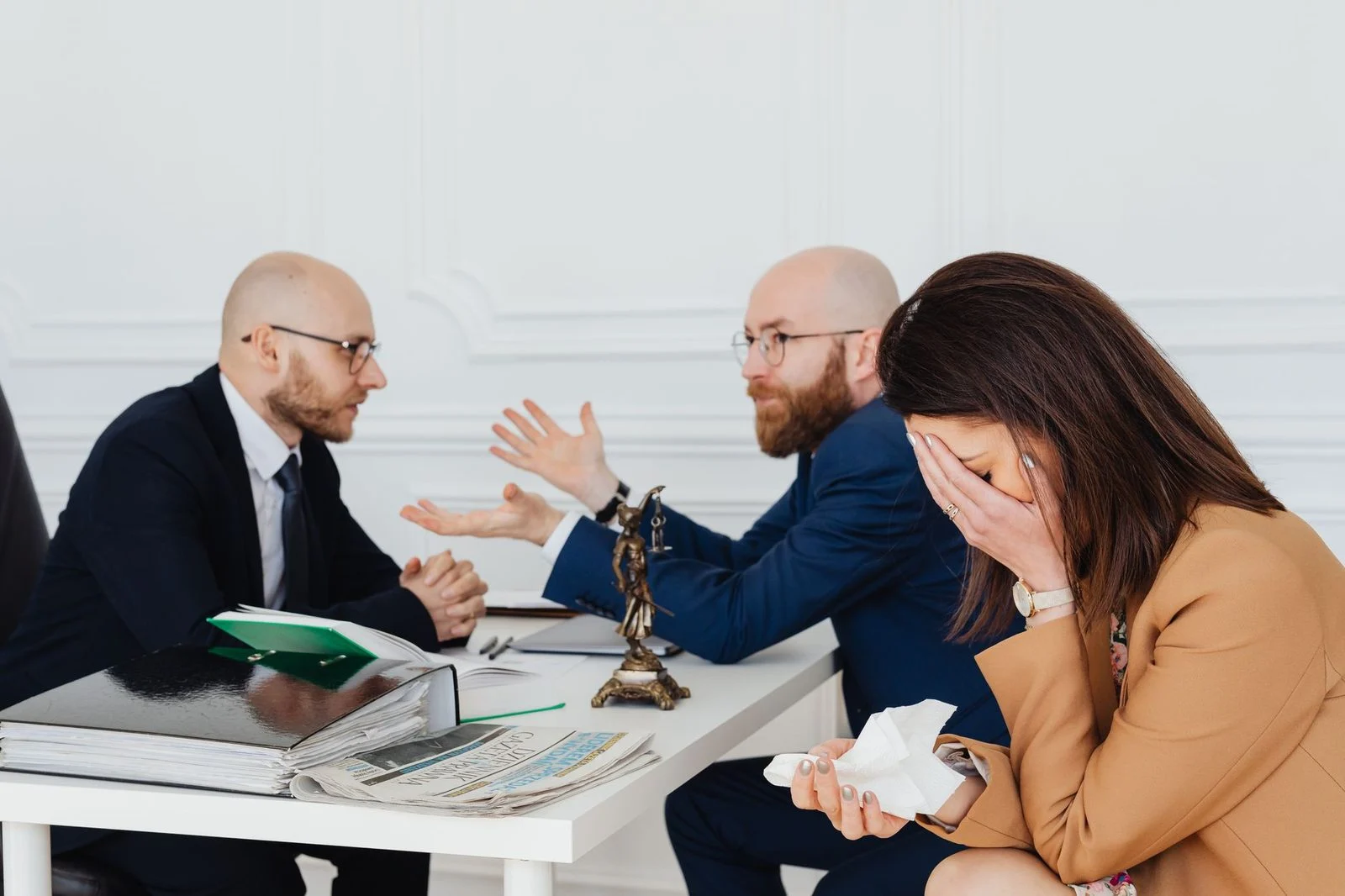 A lawyer sits across from a distressed couple at a table during a settlement discussion in a legal office.
