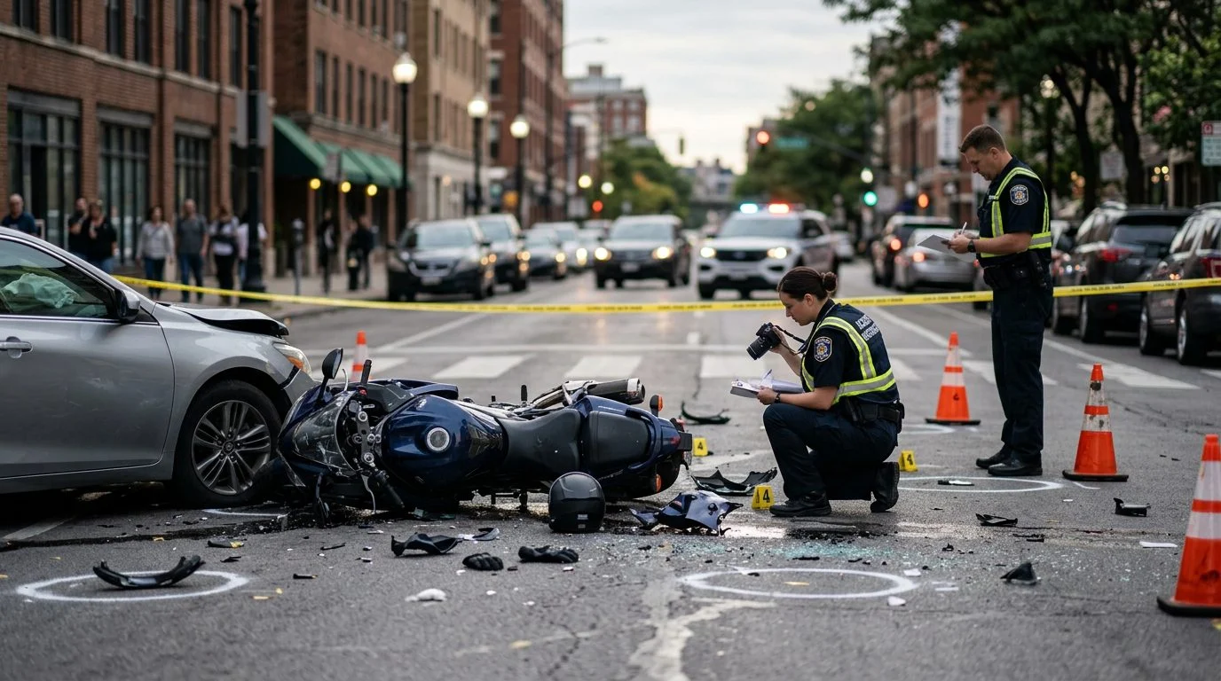 A motorcycle crash scene on a city street, with vehicle debris and investigators documenting the collision site.