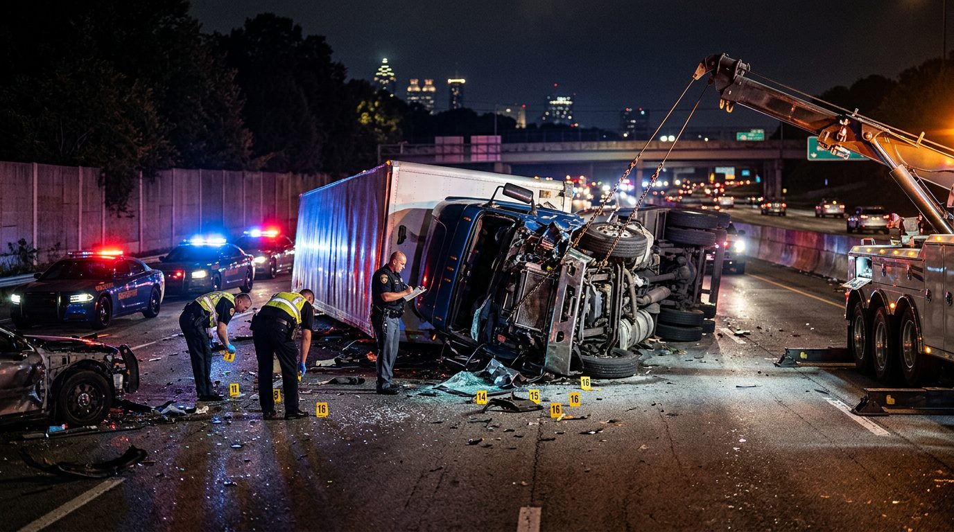 A nighttime highway scene with police officers, tow equipment, and evidence markers around a crashed commercial truck.