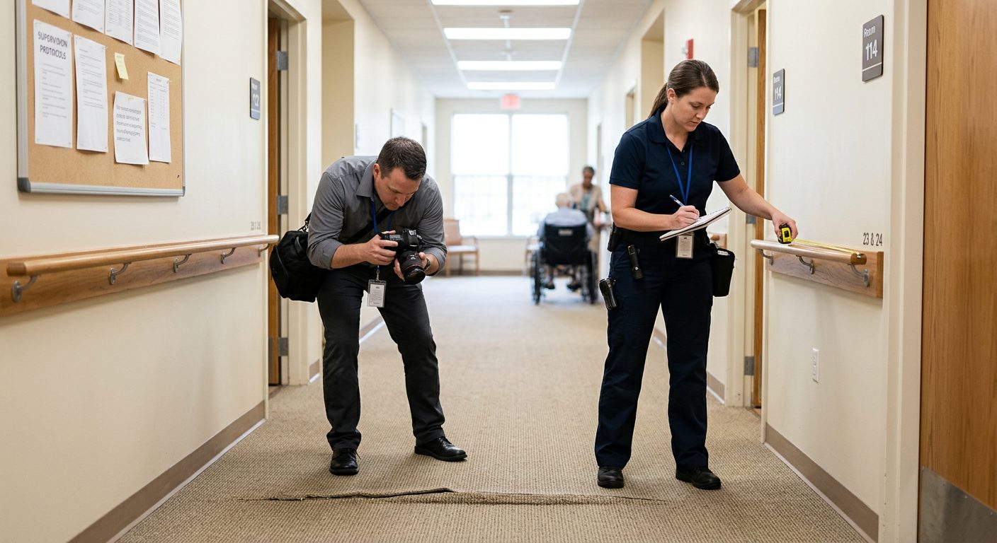 A nursing home hallway where investigators measure handrails, check lighting, and photograph floor hazards.