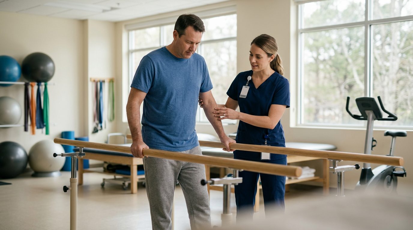 A physical therapist guides a patient across parallel bars in a bright hospital rehabilitation gym.