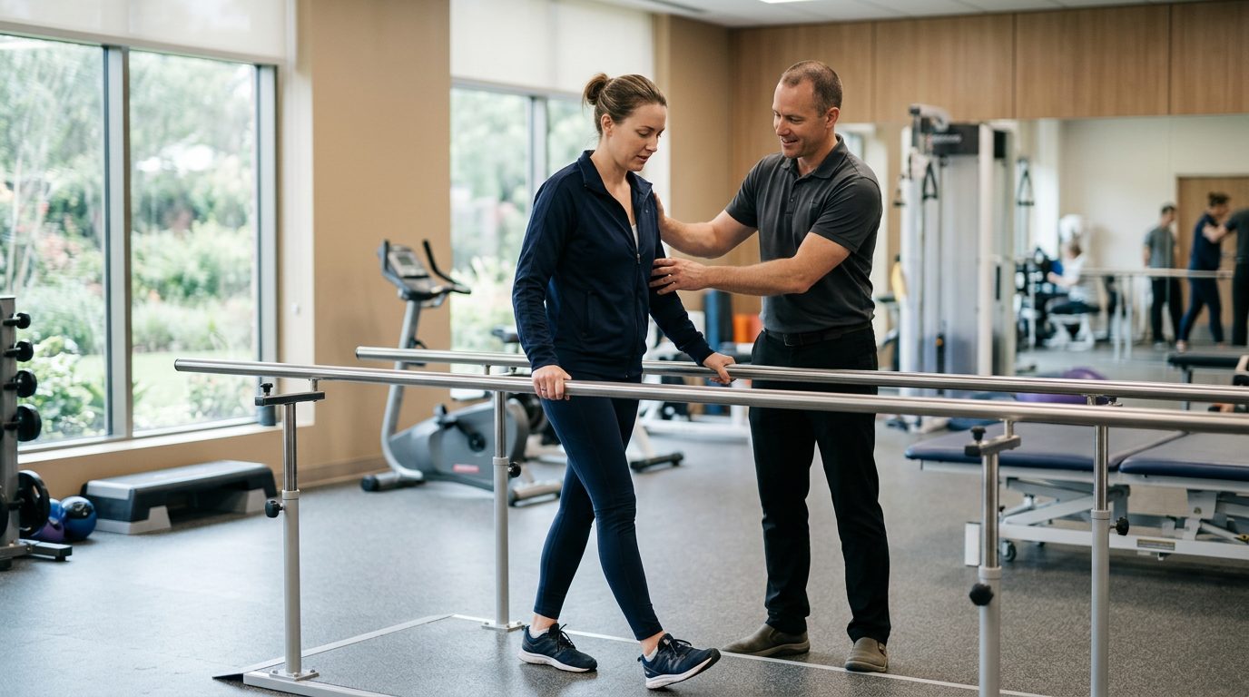 A physical therapist guides a patient across parallel bars in a bright hospital rehabilitation gym.