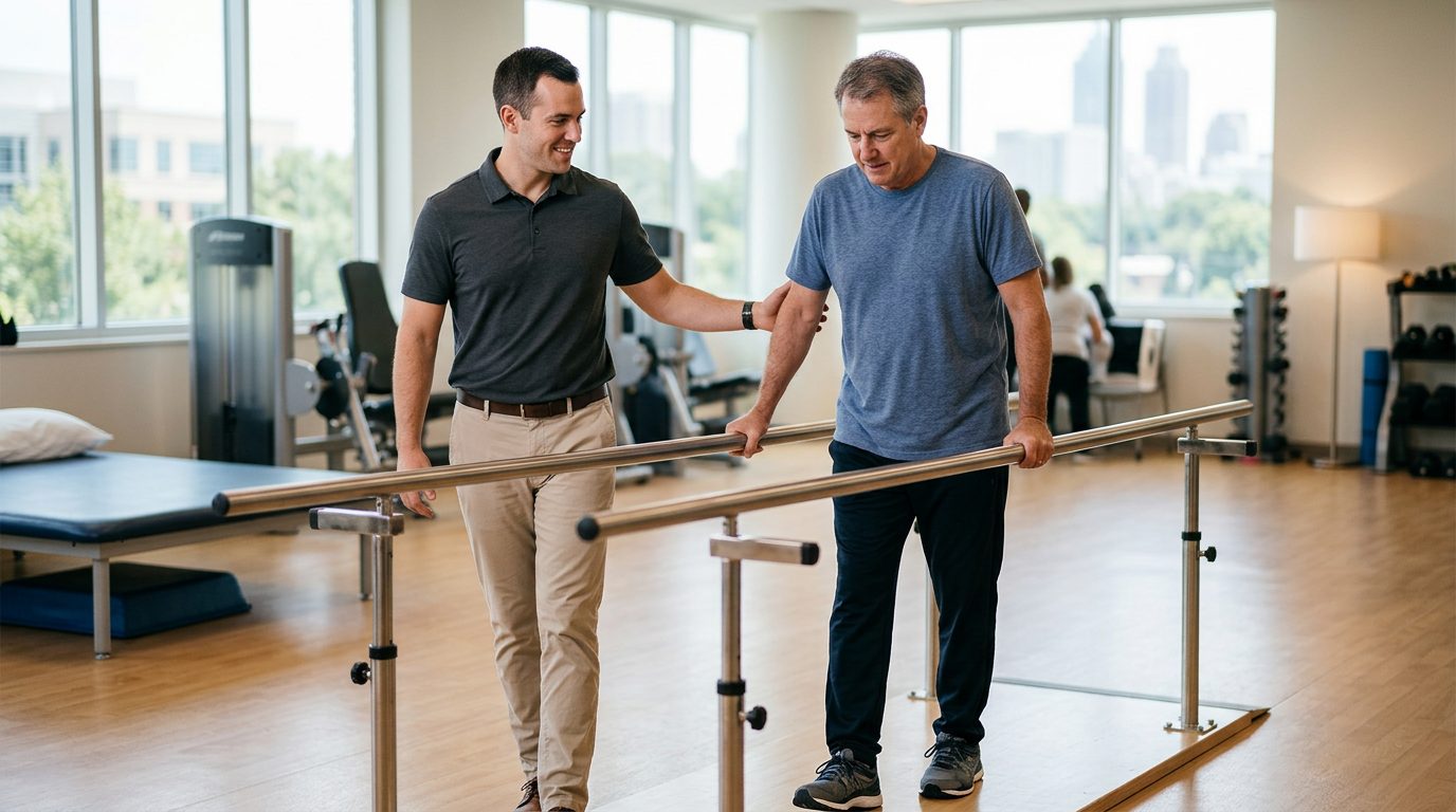 A physical therapist guides a patient through parallel bars in a bright hospital rehabilitation gym.