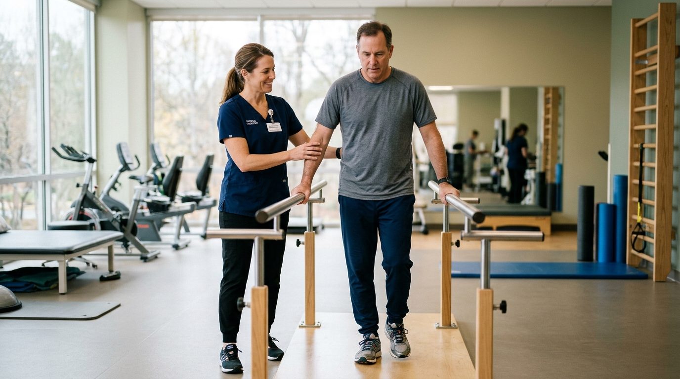 A physical therapist guides a patient through parallel bars in a bright hospital rehabilitation gym.
