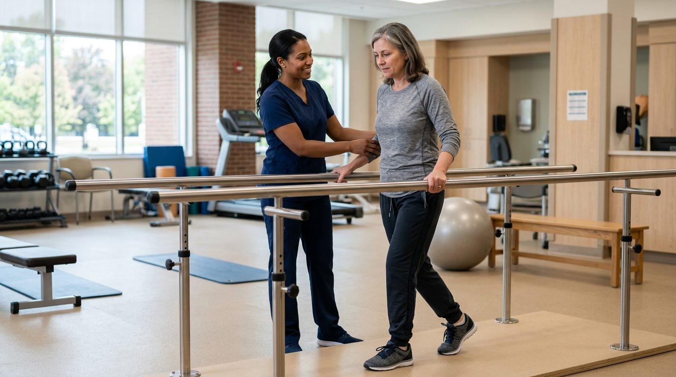 A physical therapist guides a patient through parallel bars in a bright hospital rehabilitation gym.