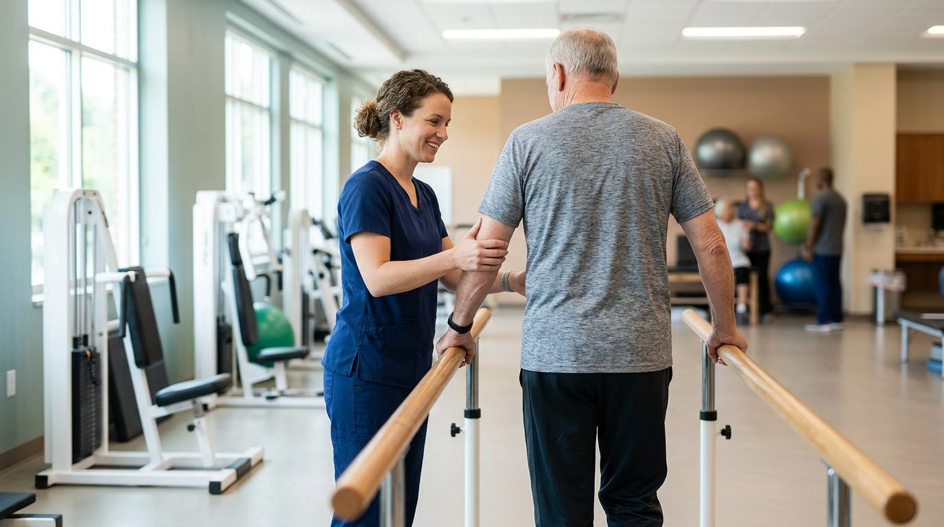 Una fisioterapeuta guía a un paciente entre barras paralelas en un gimnasio de rehabilitación hospitalario bien iluminado.