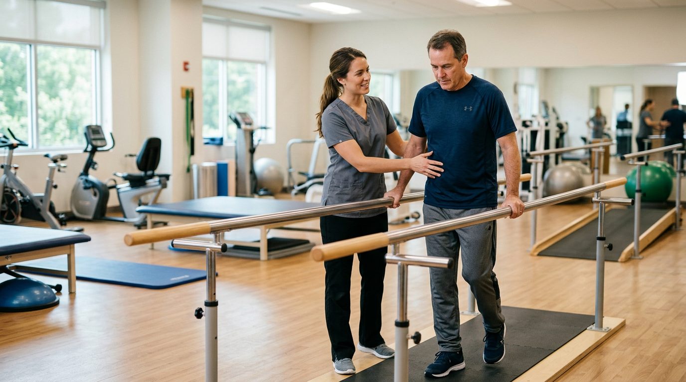 A physical therapist guides a patient through parallel bars in a bright hospital rehabilitation gym.