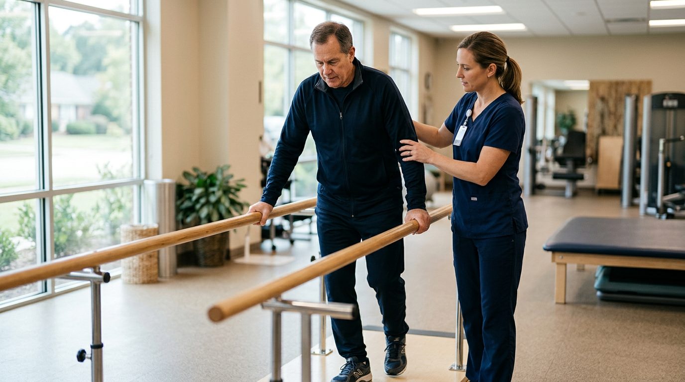 Una fisioterapeuta ayuda a un paciente a caminar entre barras paralelas en un gimnasio de rehabilitación luminoso.