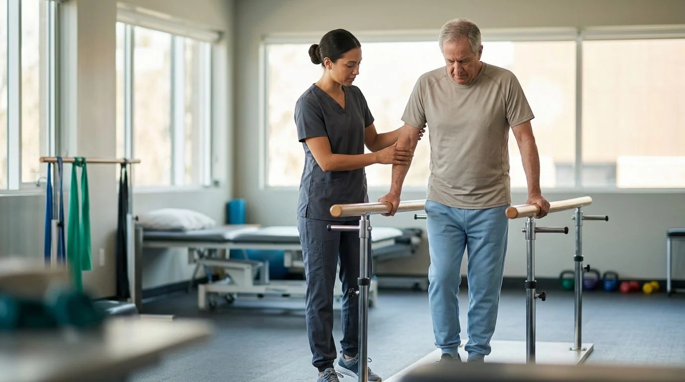 A physical therapist guides a patient using parallel bars in a bright hospital rehabilitation gym.