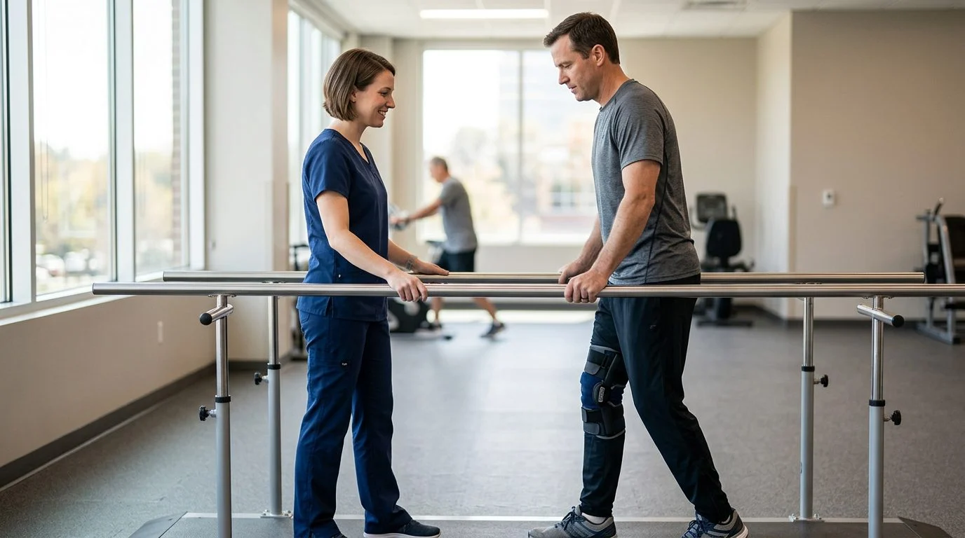 A physical therapist guides a patient using parallel bars in a bright hospital rehabilitation gym.