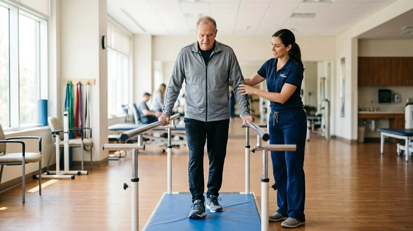 A physical therapist guides a patient using parallel bars in a bright hospital rehabilitation gym.