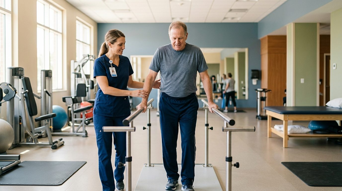 A physical therapist guides a patient using parallel bars in a bright hospital rehabilitation gym.