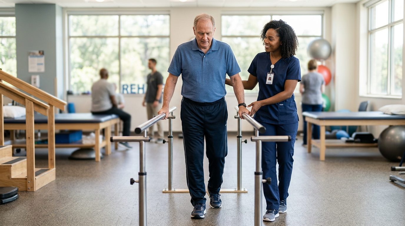 Una fisioterapeuta ayuda a un paciente a caminar entre barras paralelas en un gimnasio de rehabilitación de un hospital.