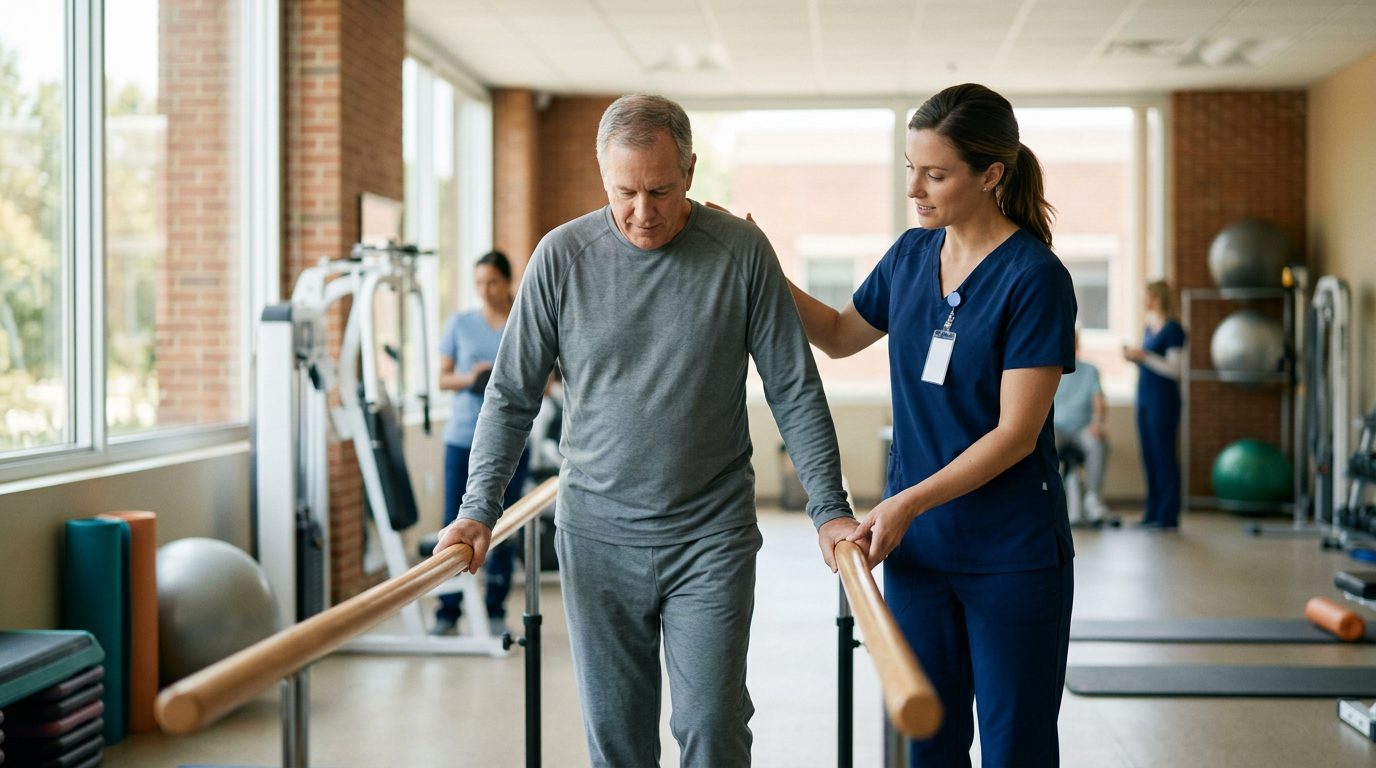 A physical therapist guides a patient walking between parallel bars in a bright hospital rehabilitation gym.
