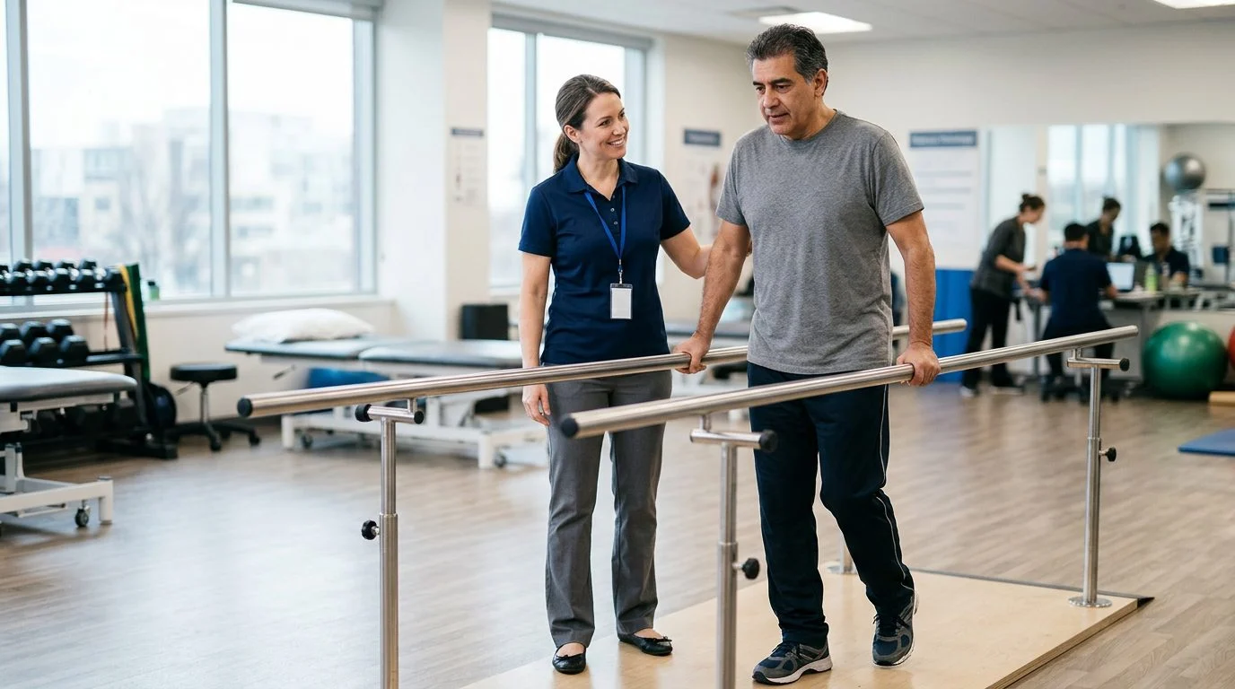 A physical therapist guides a patient walking between parallel bars in a bright hospital rehabilitation gym.