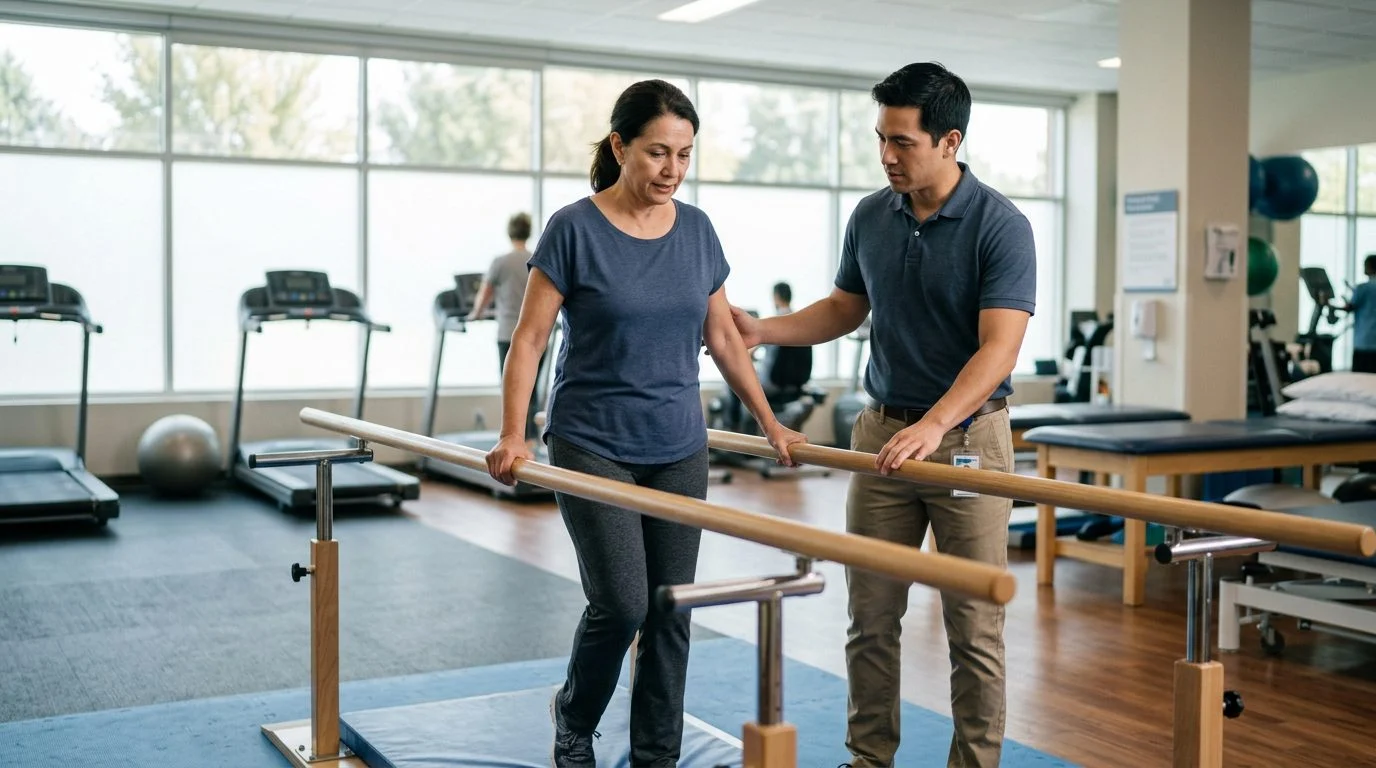 A physical therapist helps a patient walk between parallel bars in a bright, calm hospital rehabilitation gym.