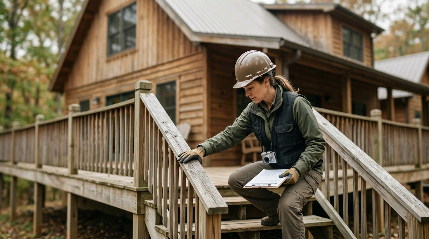A property inspector examines a loose railing on the wooden deck and stairs of a vacation rental cabin.