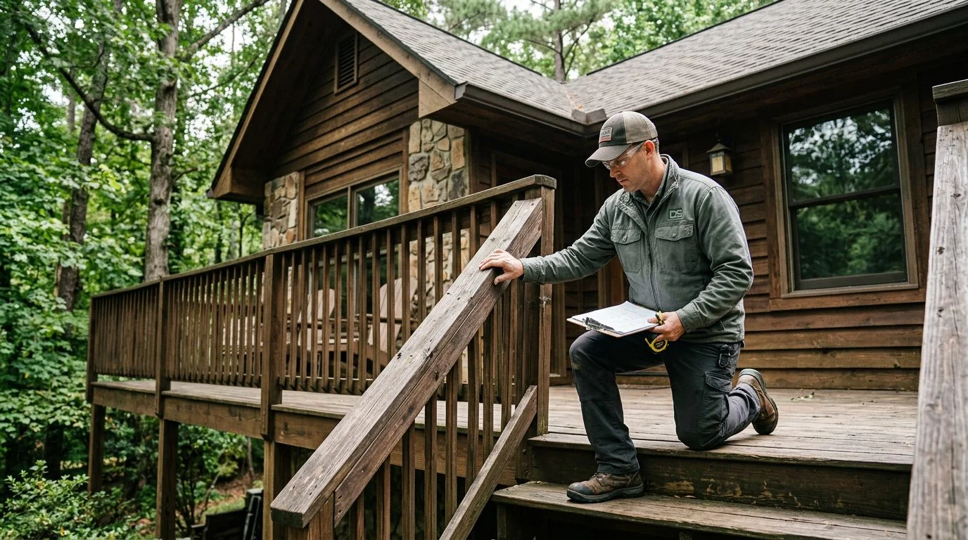A property inspector examines a loose railing on the wooden deck and stairs of a vacation rental cabin.