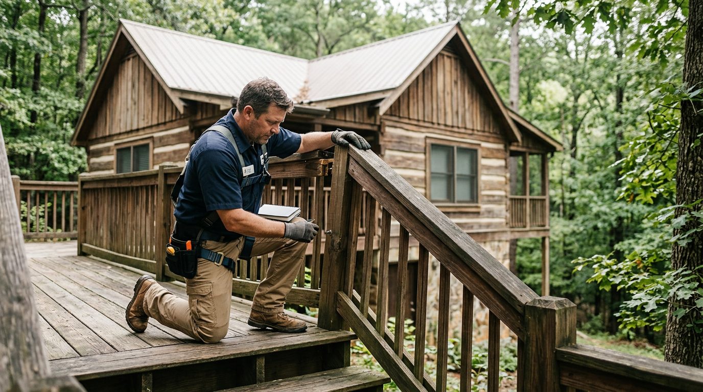 A property inspector examines a loose railing on the wooden deck and stairs of a vacation rental cabin.