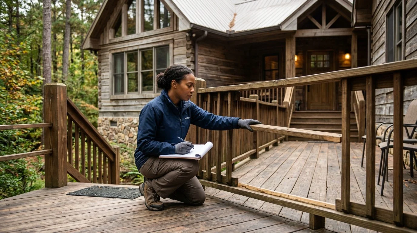 A property inspector examines a loose wooden railing on the deck stairs of a vacation rental cabin.