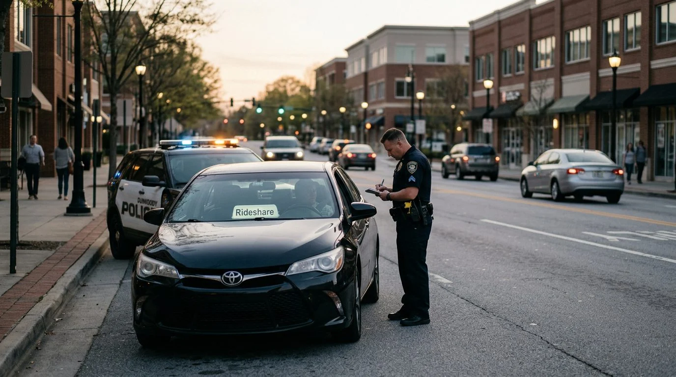 A rideshare car parked at a city curb at dusk while a police officer takes notes beside it.