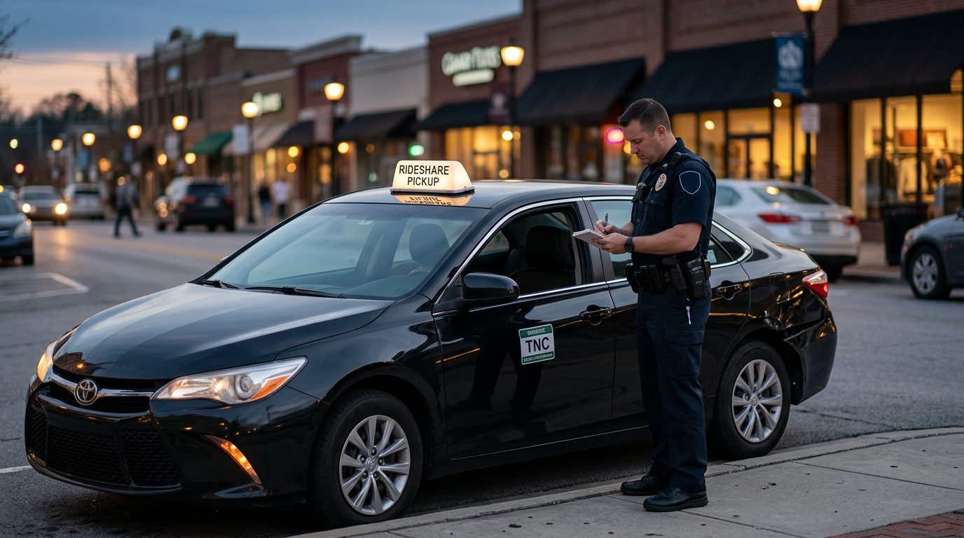 A rideshare car stopped at a city curb at dusk, with a police officer taking notes beside it.