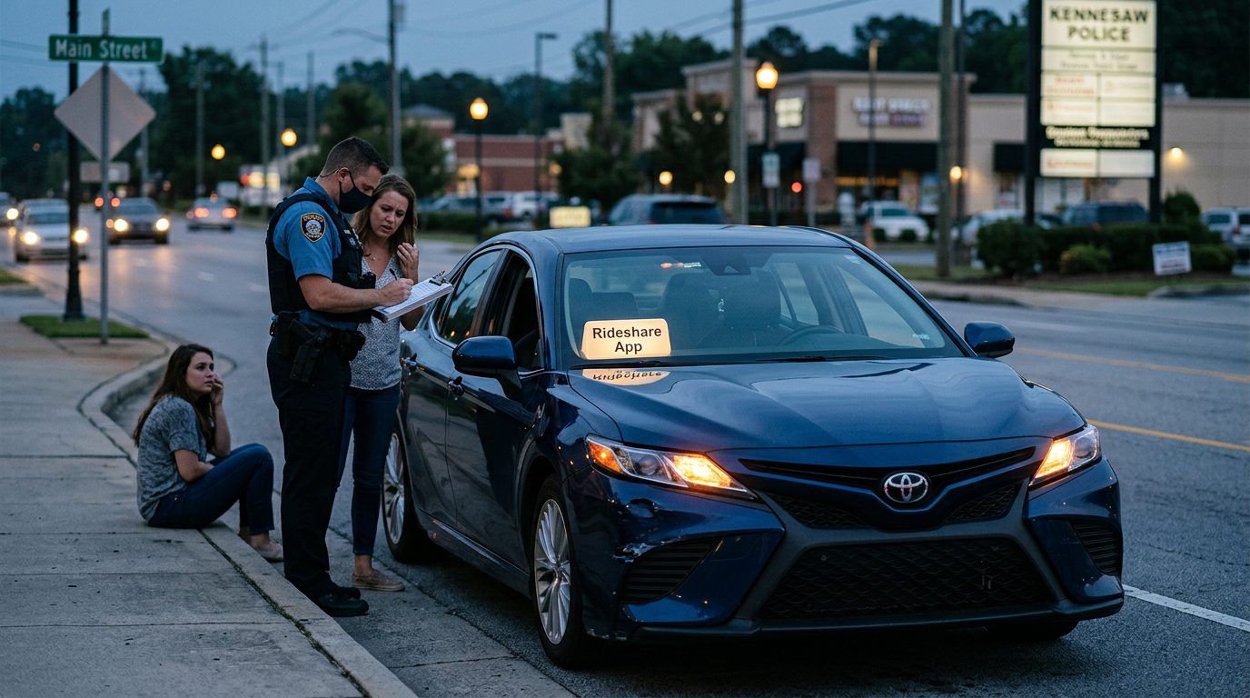 A rideshare car stopped at a city curb at dusk, with a police officer taking notes beside it.