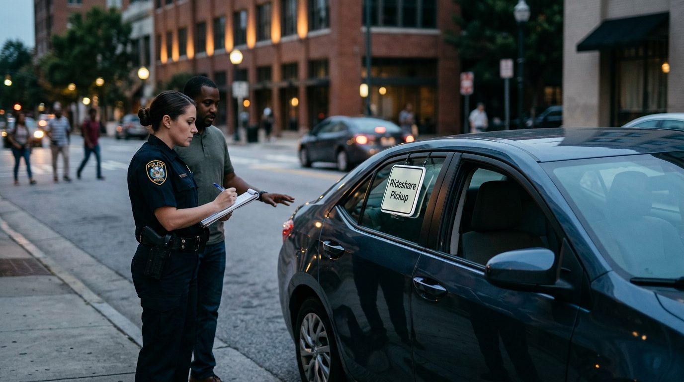 A rideshare vehicle stopped at a city curb at dusk while a police officer takes notes beside it.