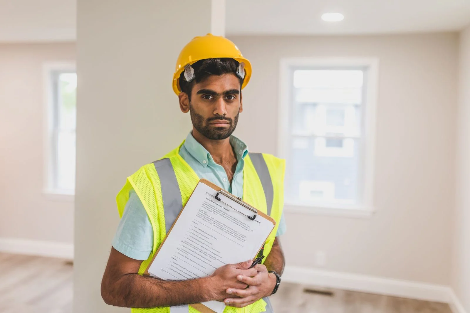 Trabajador de la construcción con equipo de seguridad sostiene un portapapeles en un interior.