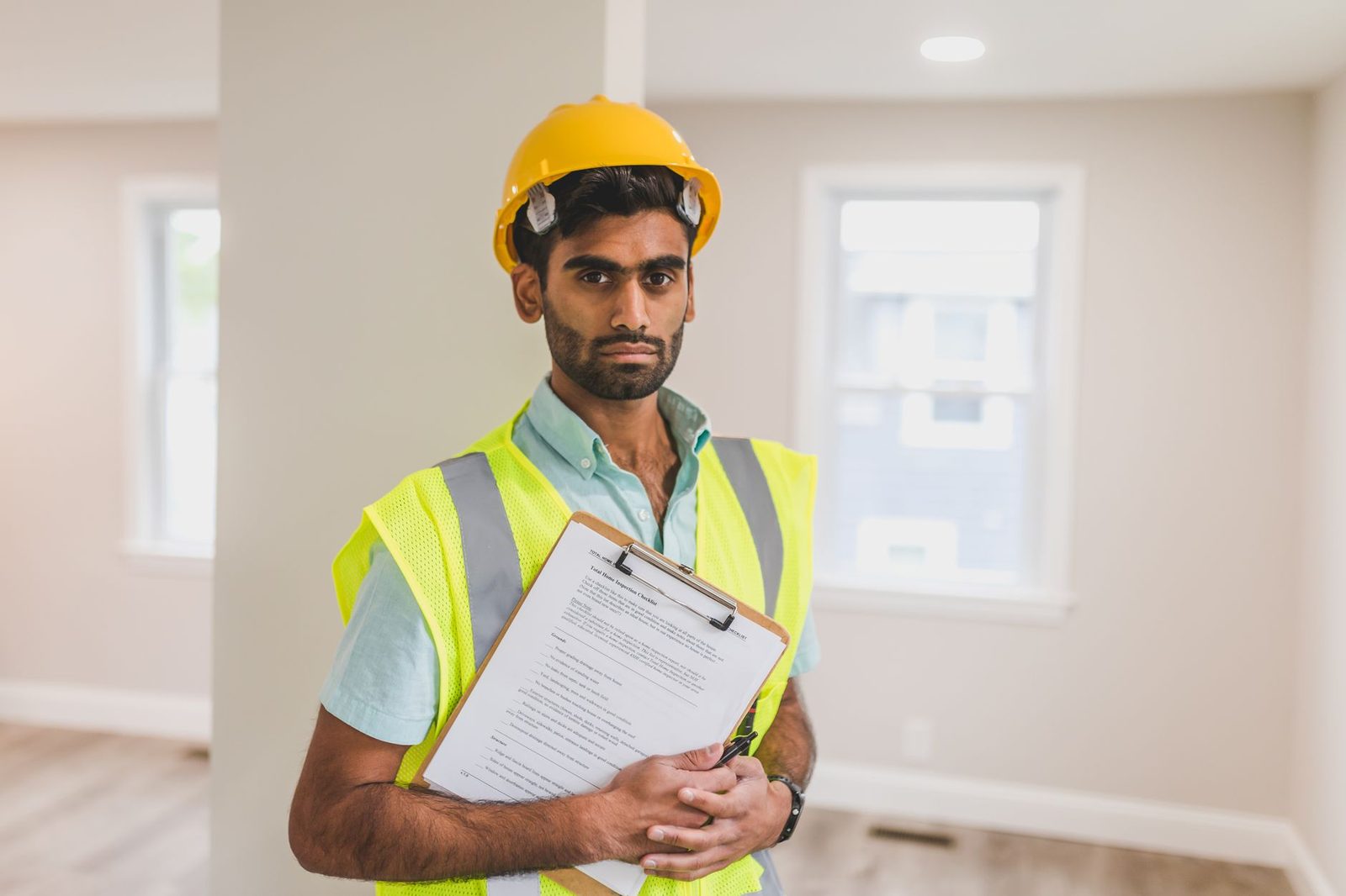 A South Asian construction worker in safety gear holds a clipboard indoors.