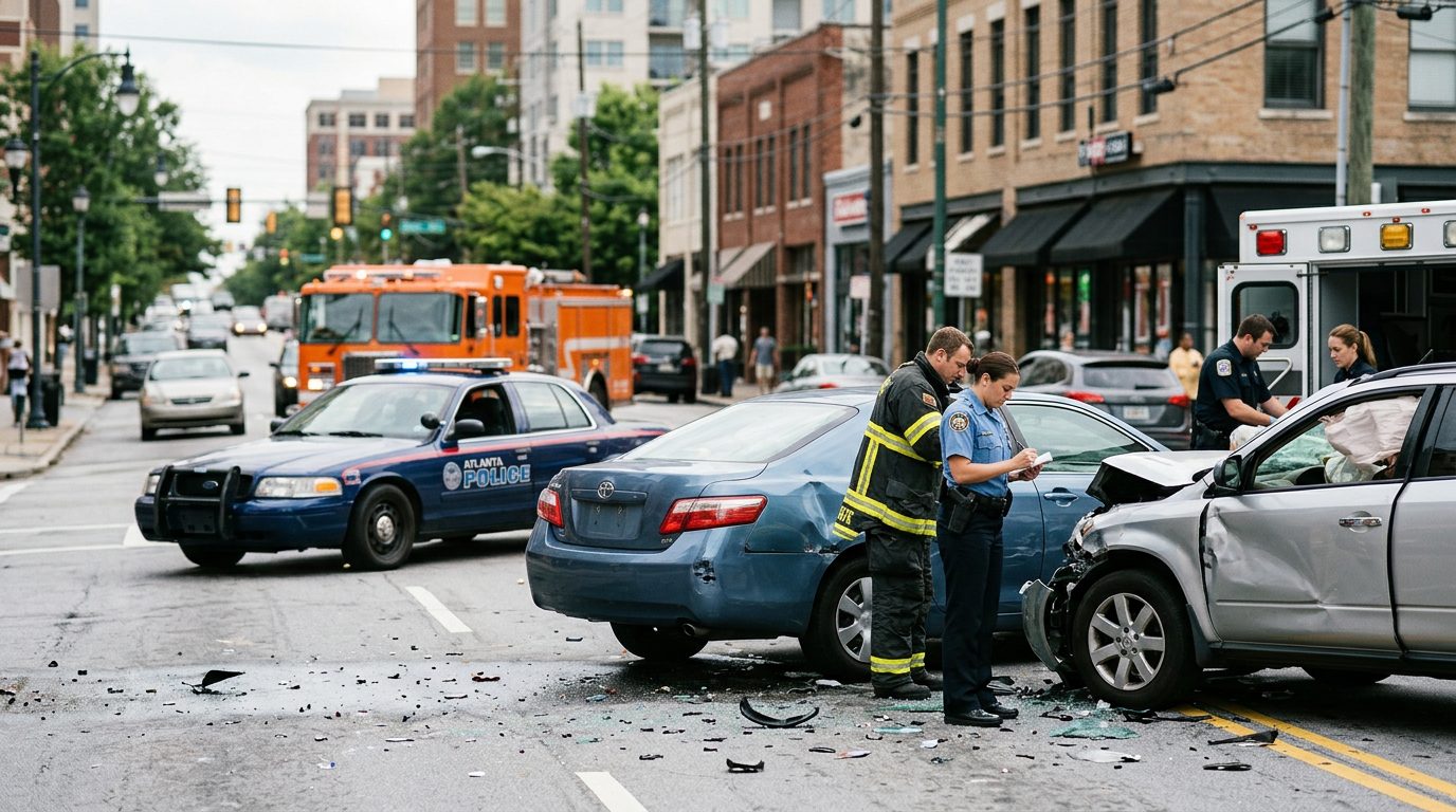 Vehículos dañados y personal de emergencia documentando un accidente de tráfico en una calle de la ciudad.