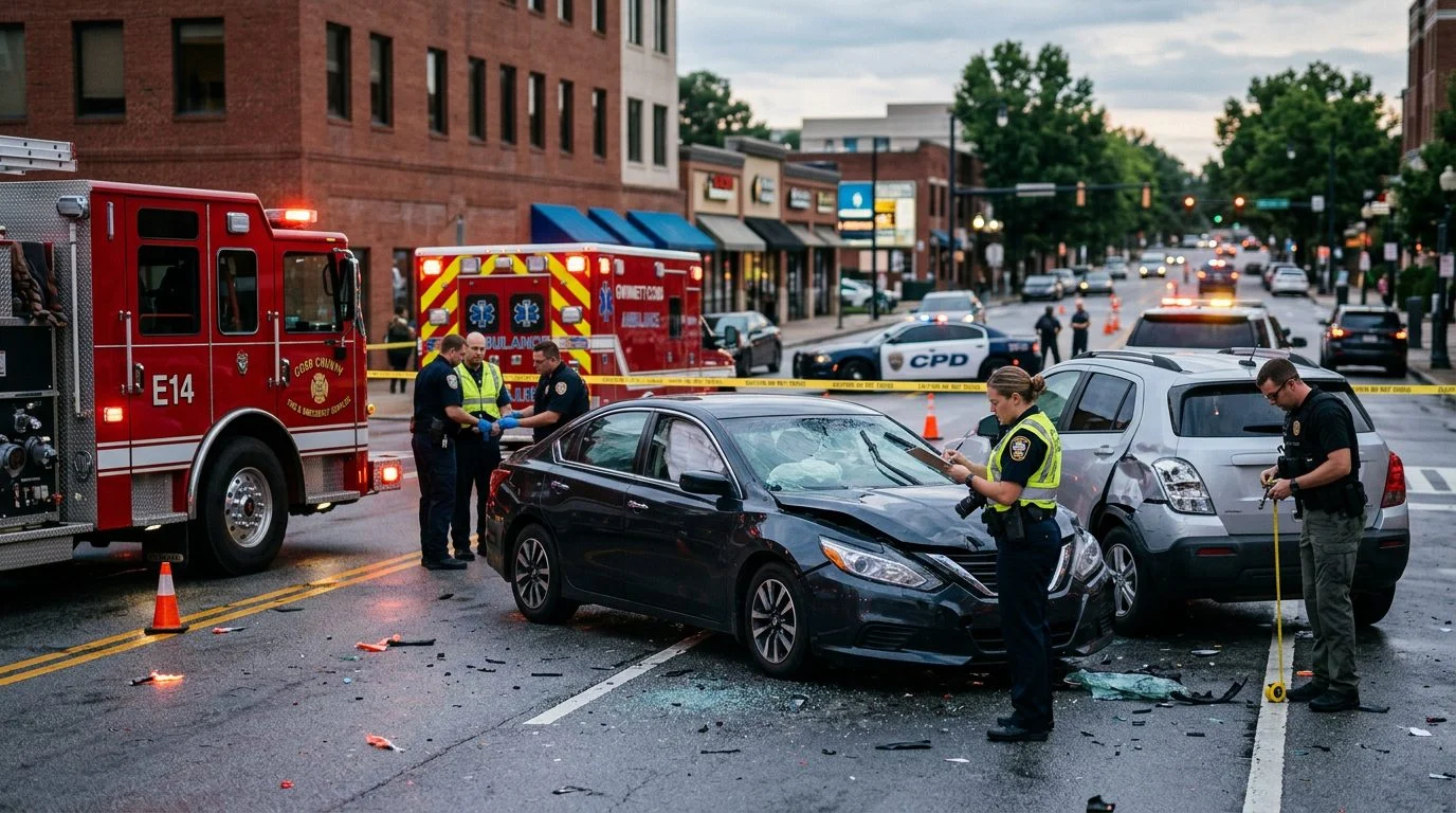 A traffic accident on a city street with damaged vehicles, emergency responders, and investigators documenting the scene.