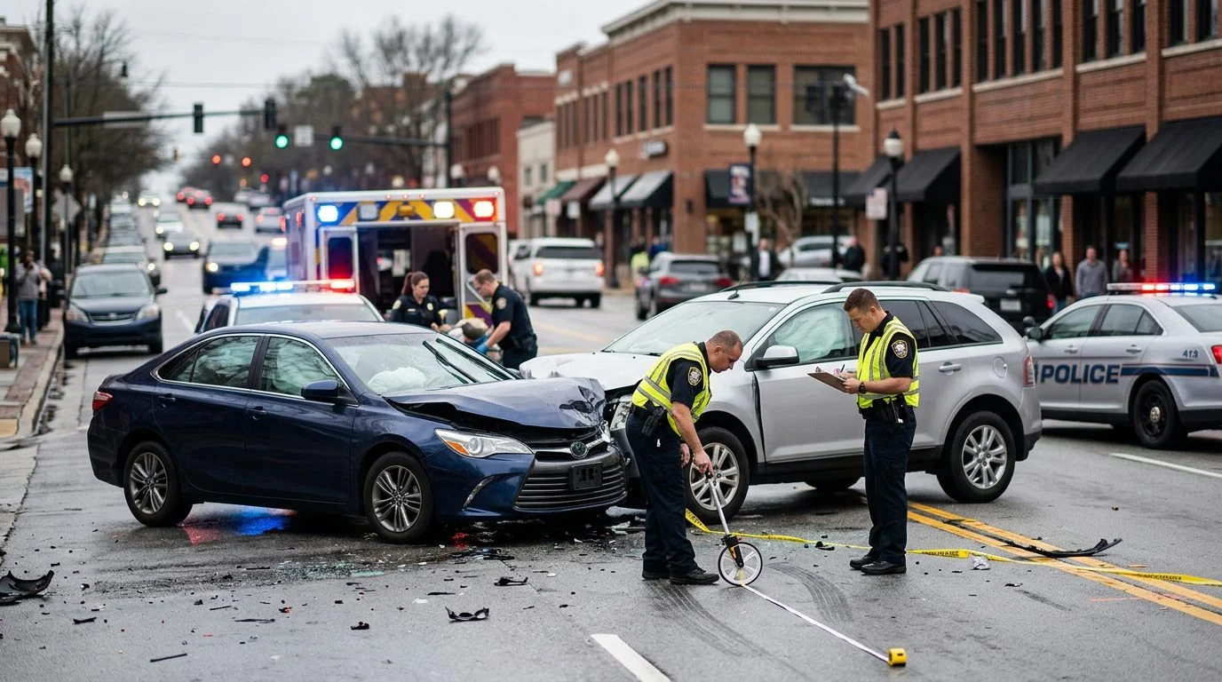 A traffic accident on a city street with damaged vehicles, emergency responders, and investigators documenting the scene.