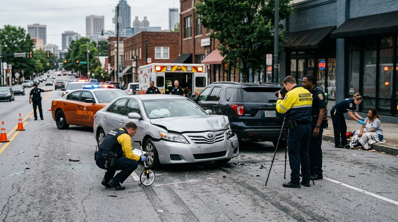 A traffic accident on a city street with damaged vehicles, emergency responders, and investigators documenting the scene.